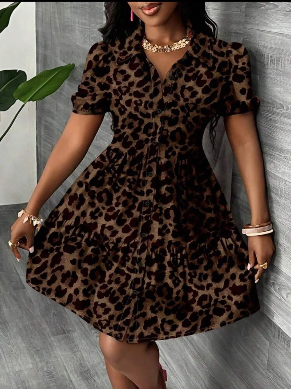 Leopard Print Brown Mini Dress with Button Front